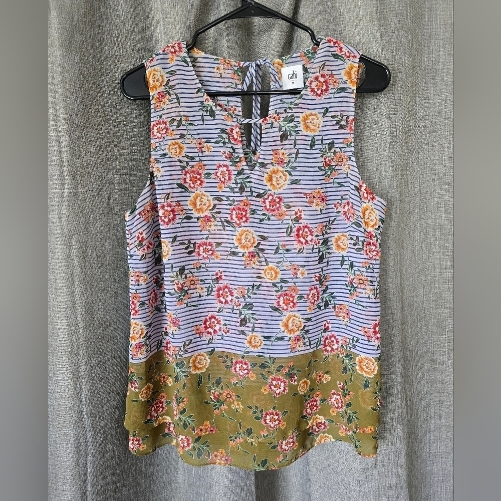 CAbi Tank Top Size M Multicolored Layered Striped & Floral Sleeveless Back Tie